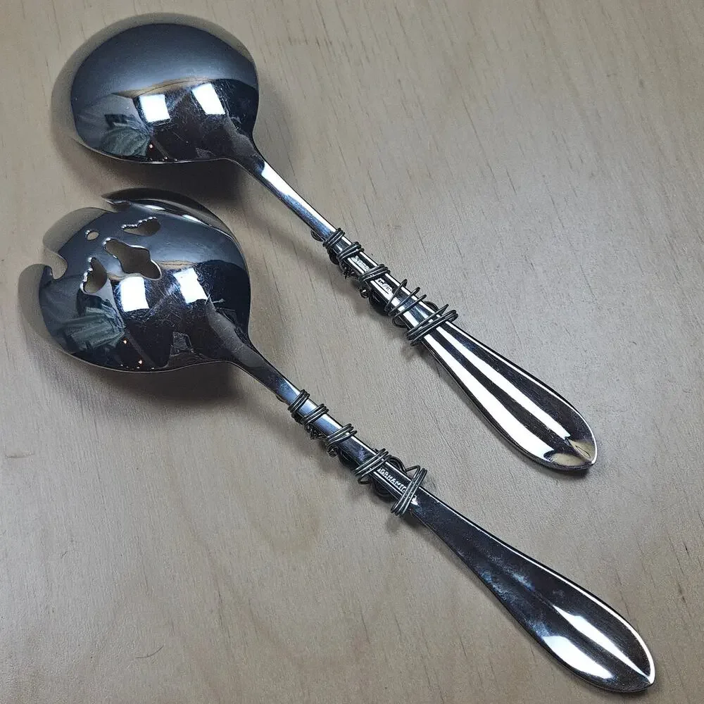 RARE Gorham 18/10 Stainless Wired beaded salad serving utensils Silver and Black